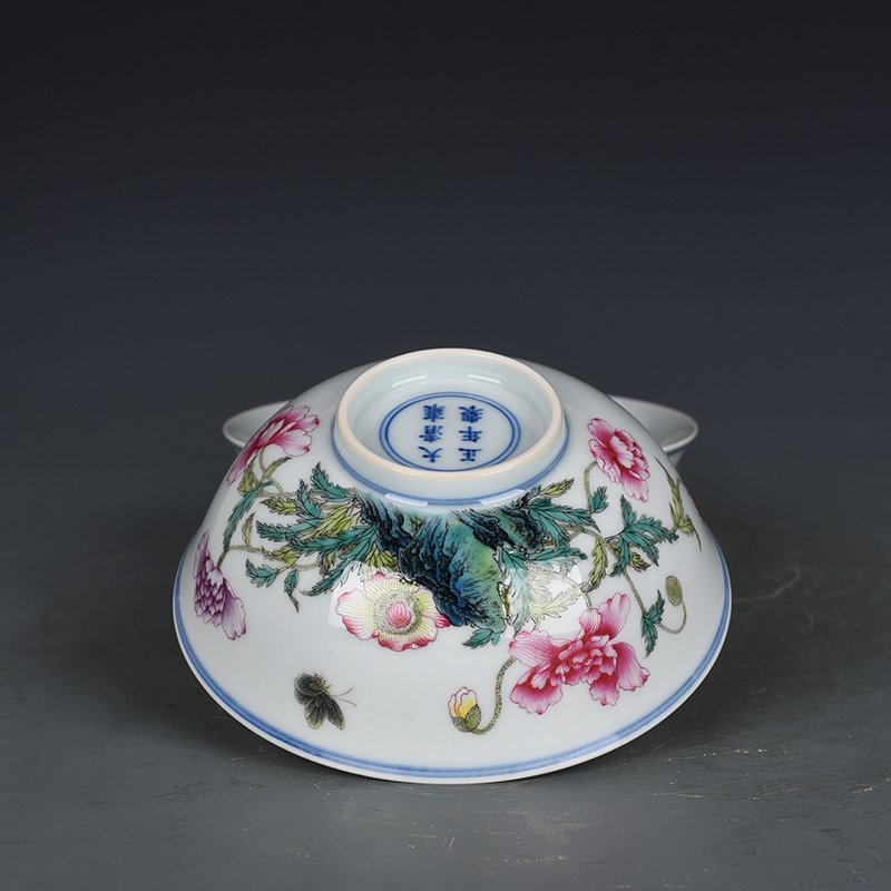 Qing Dynasty Yongzheng enamel poppy flower and butterfly bowl