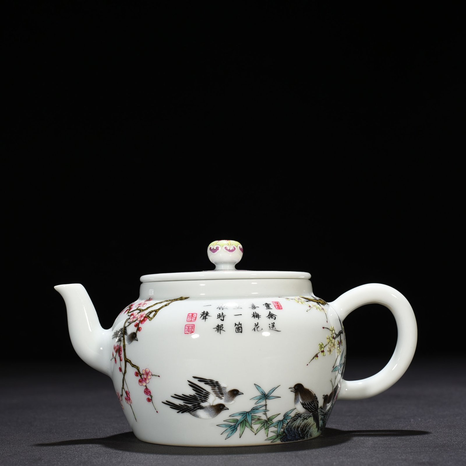 Qing Dynasty Yongzheng pastel teapot with twelve happy birds announcing spring