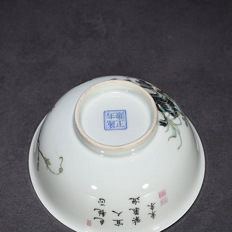 Qing Dynasty Yongzheng pastel wisteria flower and bird pattern bowl