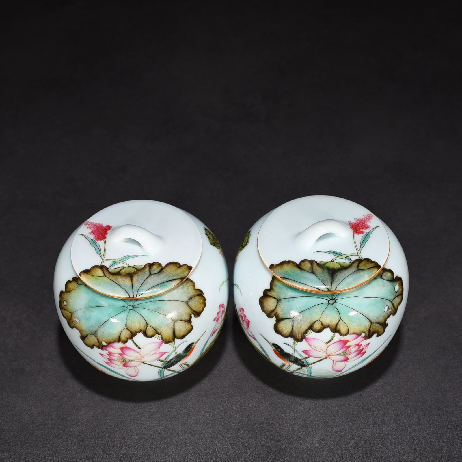 Qing Dynasty Yongzheng pastel lotus pond flower and bird pattern tea jar with lid jar