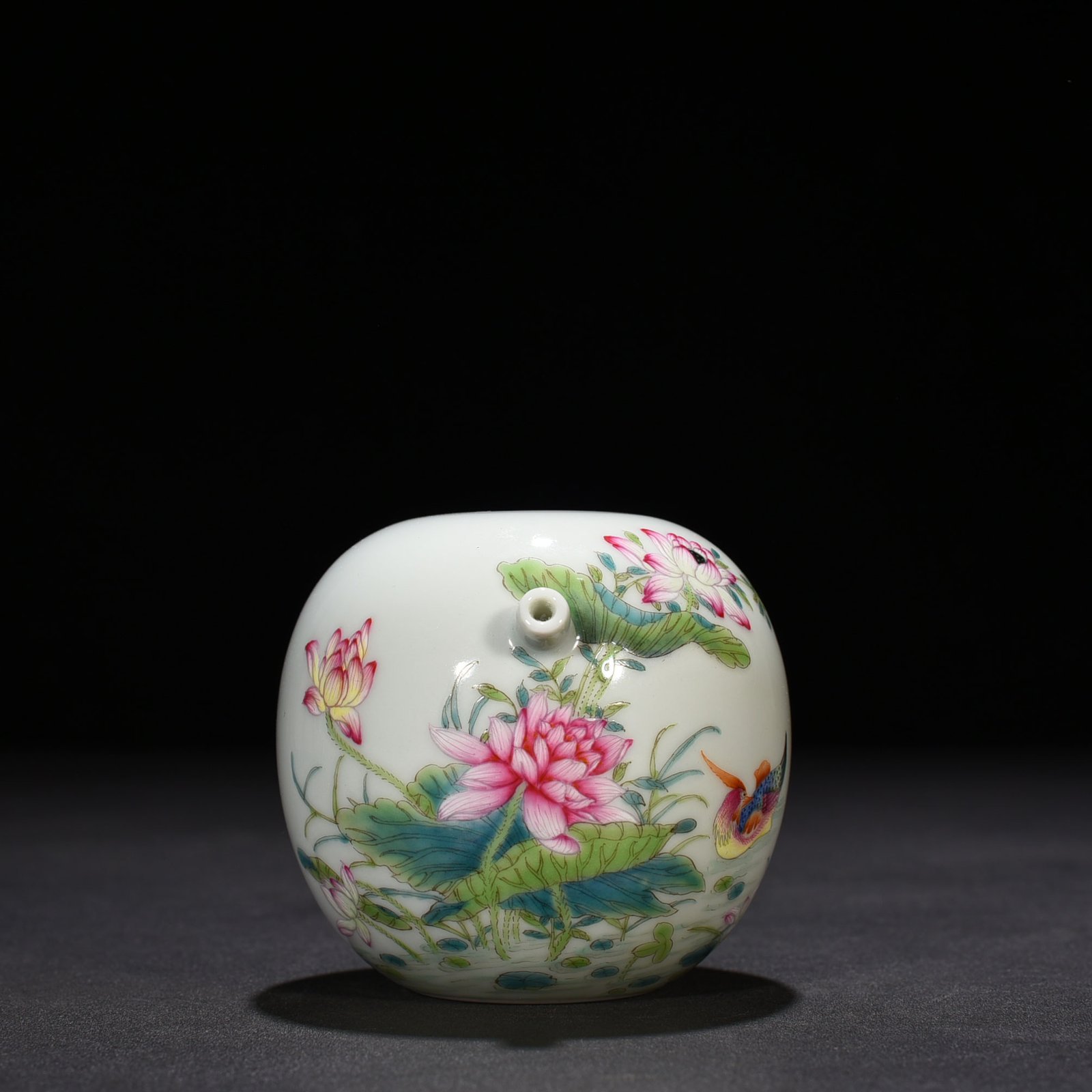 Qing Dynasty Yongzheng famille rose lotus pond inkstone with mandarin duck water droplets