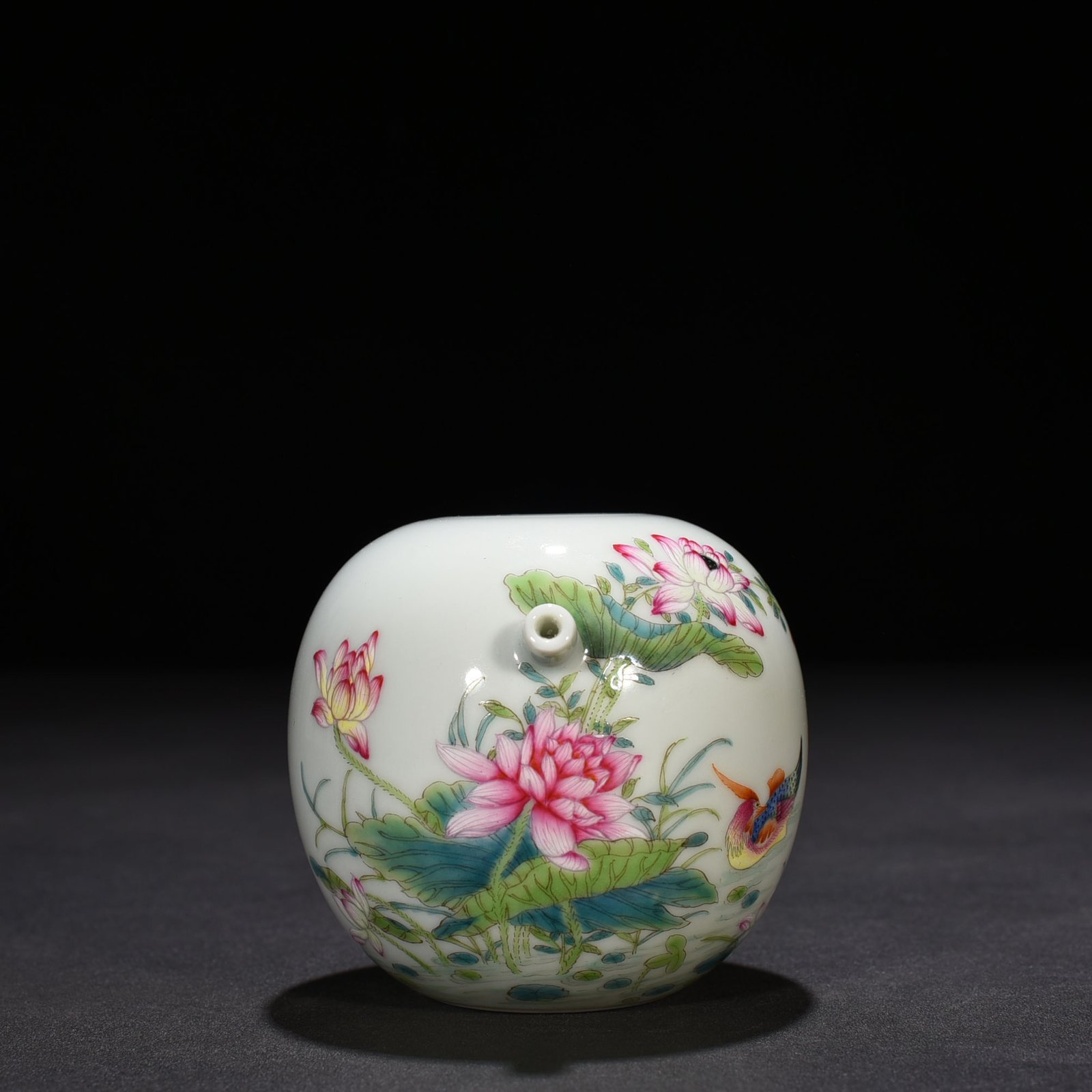 Qing Dynasty Yongzheng famille rose lotus pond inkstone with mandarin duck water droplets