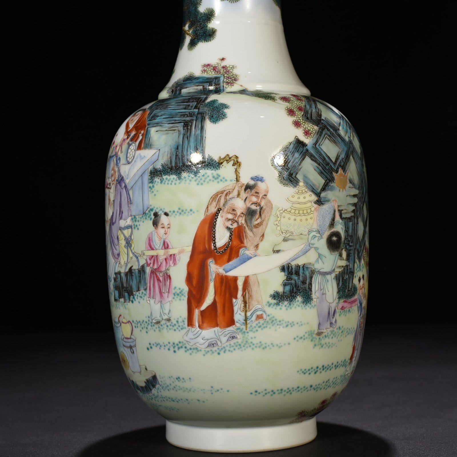 Qing Dynasty Yongzheng famille rose Xiangshan Nine Elders figure vase