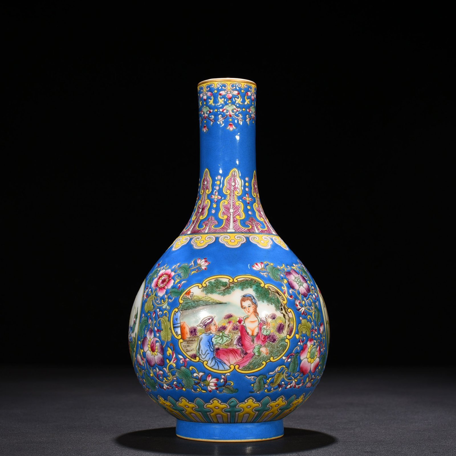 Qing Dynasty Yongzheng blue ground enamel window vase