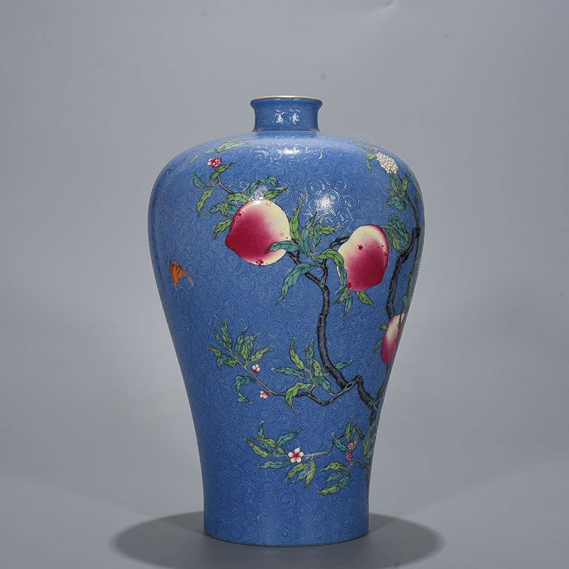 Qing Dynasty Yongzheng blue glaze rolled famille rose plum vase