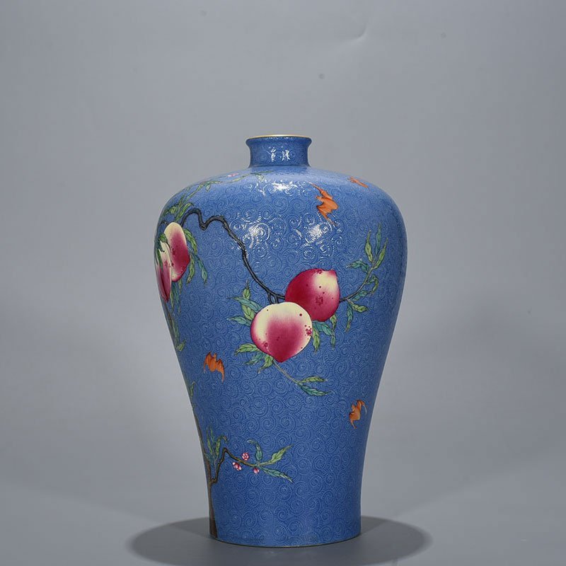 Qing Dynasty Yongzheng blue glaze rolled famille rose plum vase