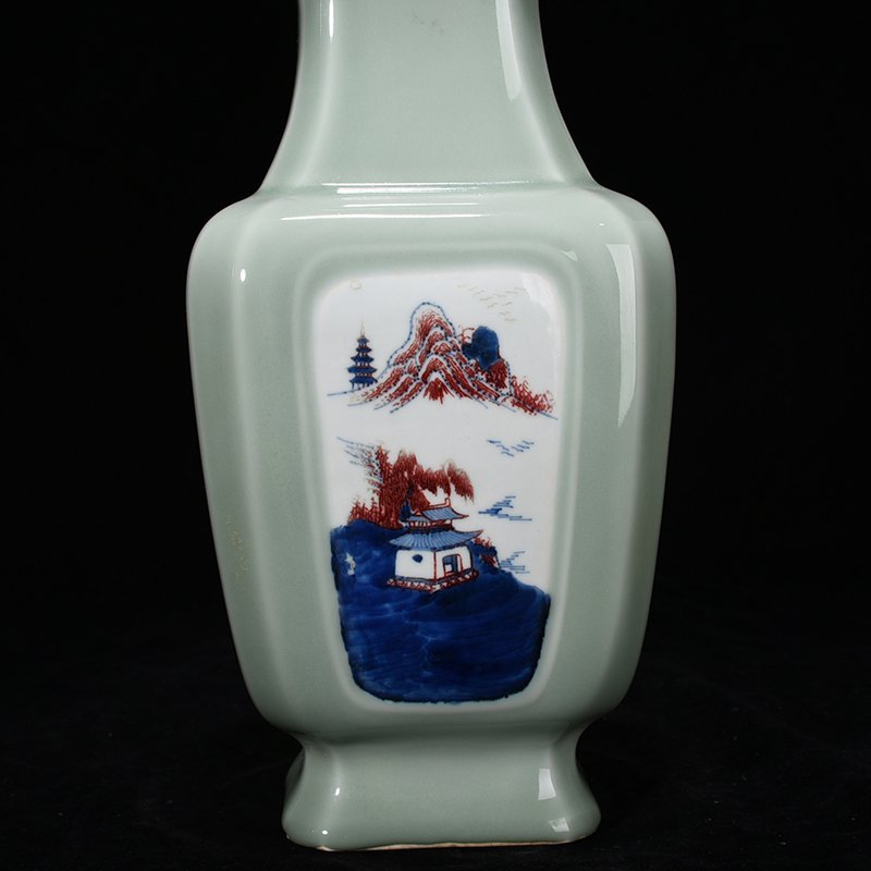 Qing Dynasty Yongzheng bean green glaze blue and white underglaze red landscape square vase