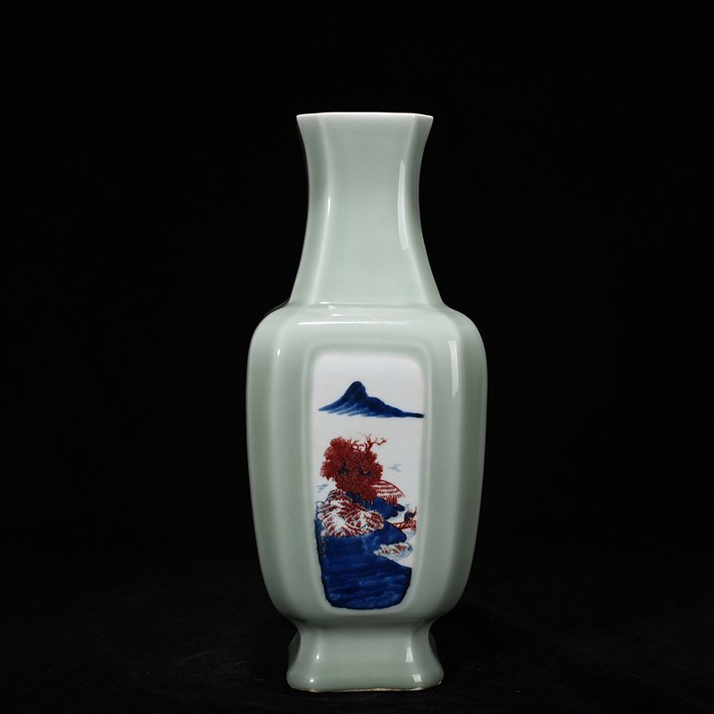 Qing Dynasty Yongzheng bean green glaze blue and white underglaze red landscape square vase