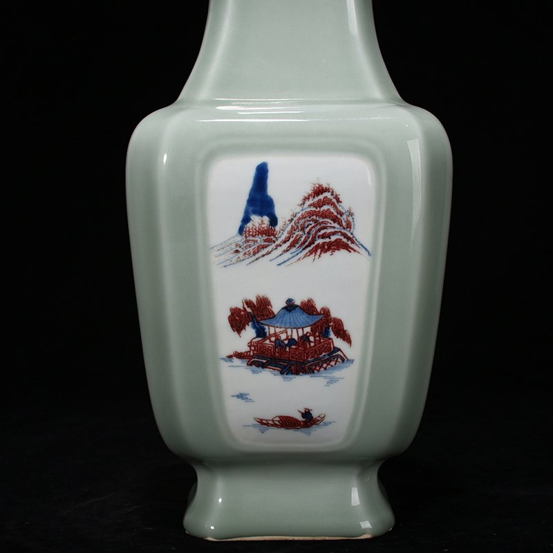 Qing Dynasty Yongzheng bean green glaze blue and white underglaze red landscape square vase