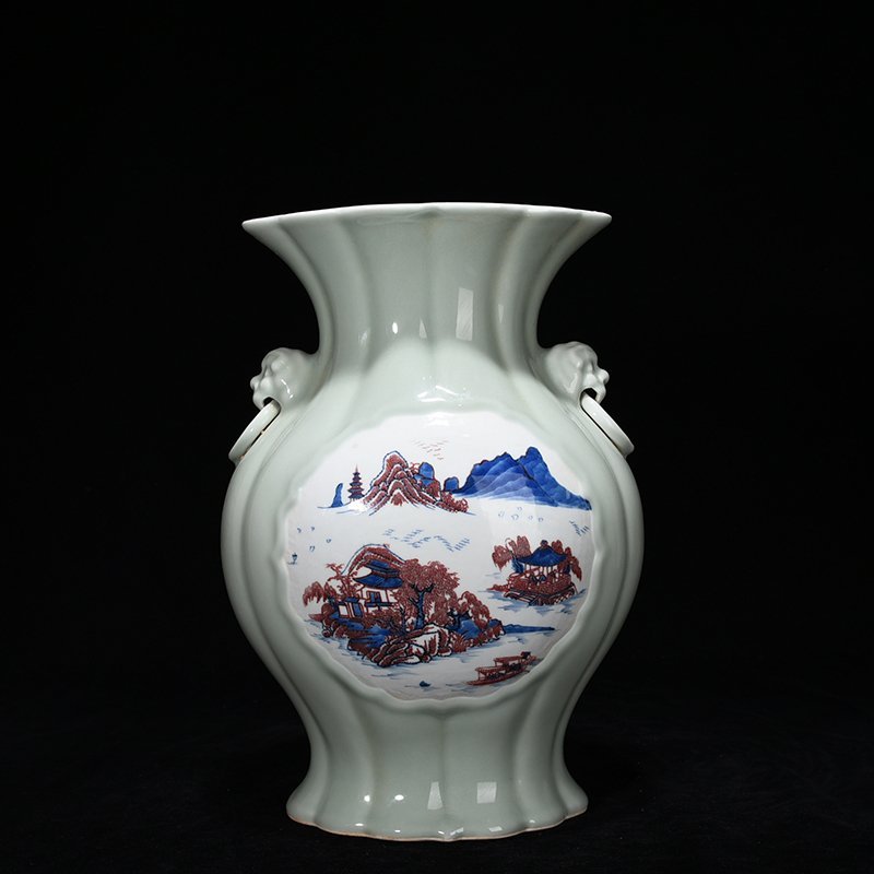Qing Dynasty Yongzheng bean green glaze blue and white underglaze red mountain water bottle