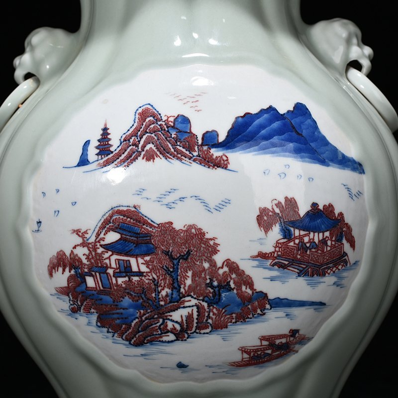 Qing Dynasty Yongzheng bean green glaze blue and white underglaze red mountain water bottle