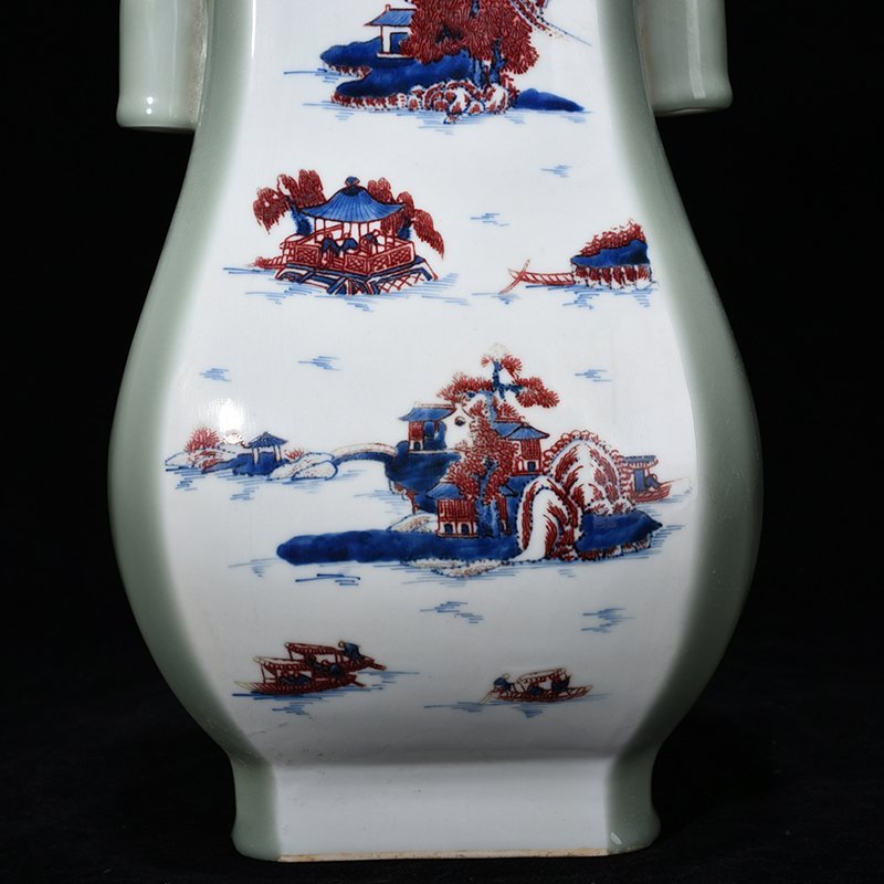 Qing Dynasty Yongzheng bean green glaze blue and white underglaze red landscape vase