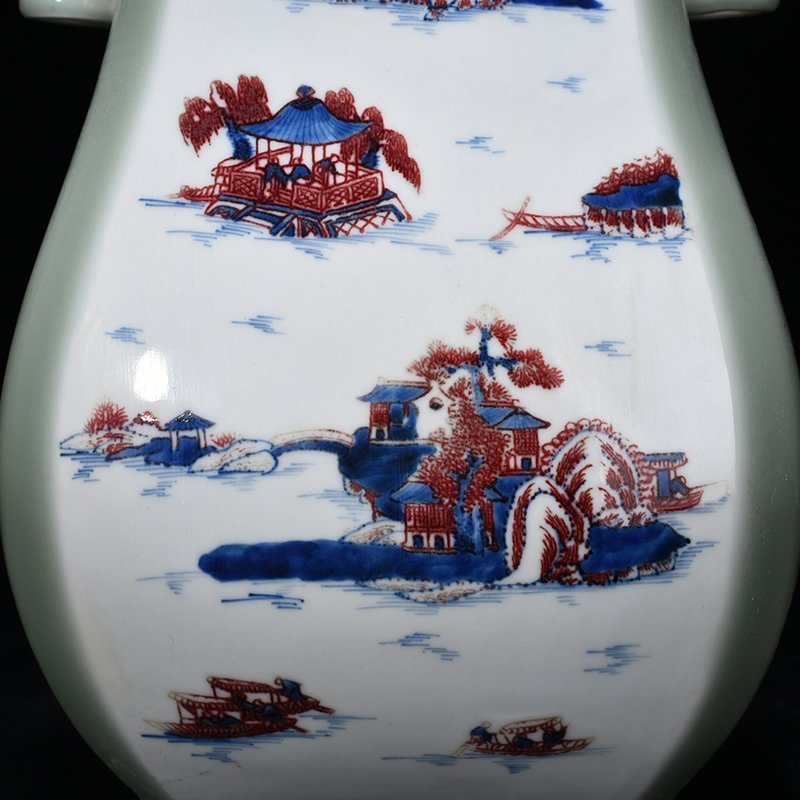 Qing Dynasty Yongzheng bean green glaze blue and white underglaze red landscape vase