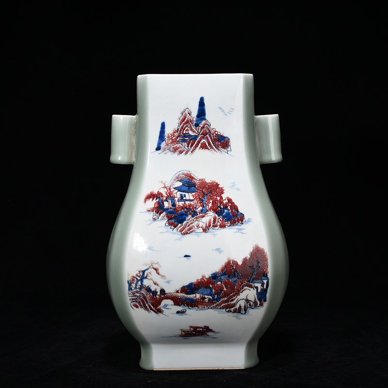 Qing Dynasty Yongzheng bean green glaze blue and white underglaze red landscape vase