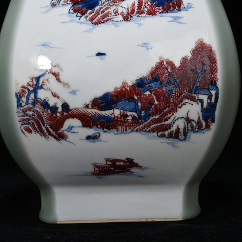Qing Dynasty Yongzheng bean green glaze blue and white underglaze red landscape vase