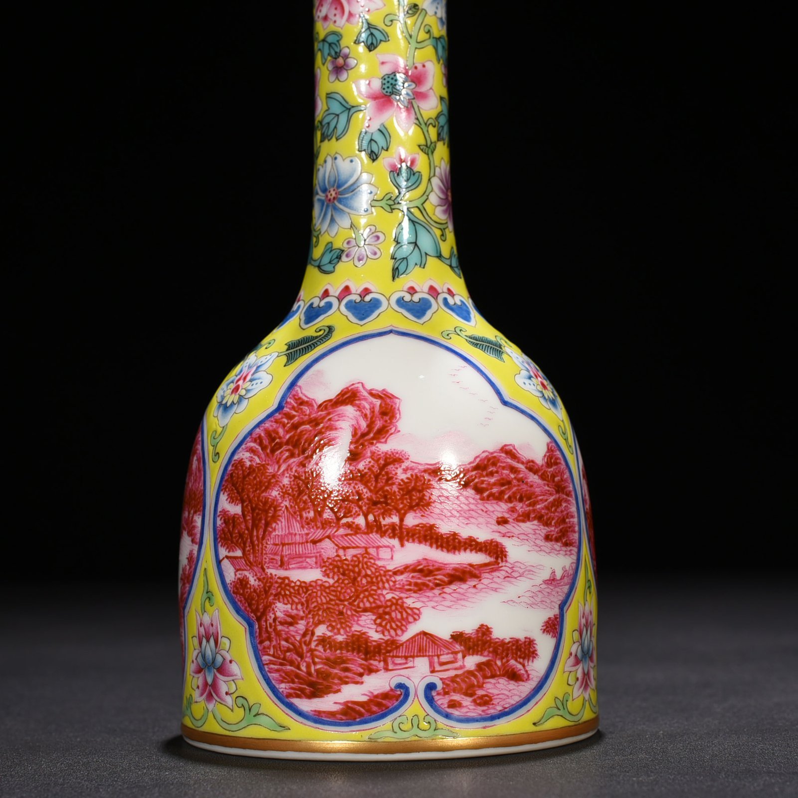 Qing Dynasty Yongzheng yellow ground enamel window rouge red landscape vase