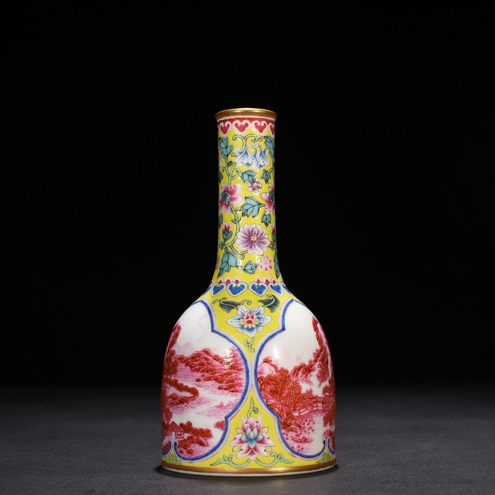 Qing Dynasty Yongzheng yellow ground enamel window rouge red landscape vase