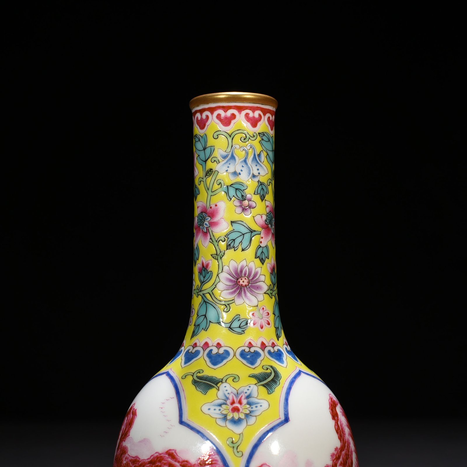 Qing Dynasty Yongzheng yellow ground enamel window rouge red landscape vase