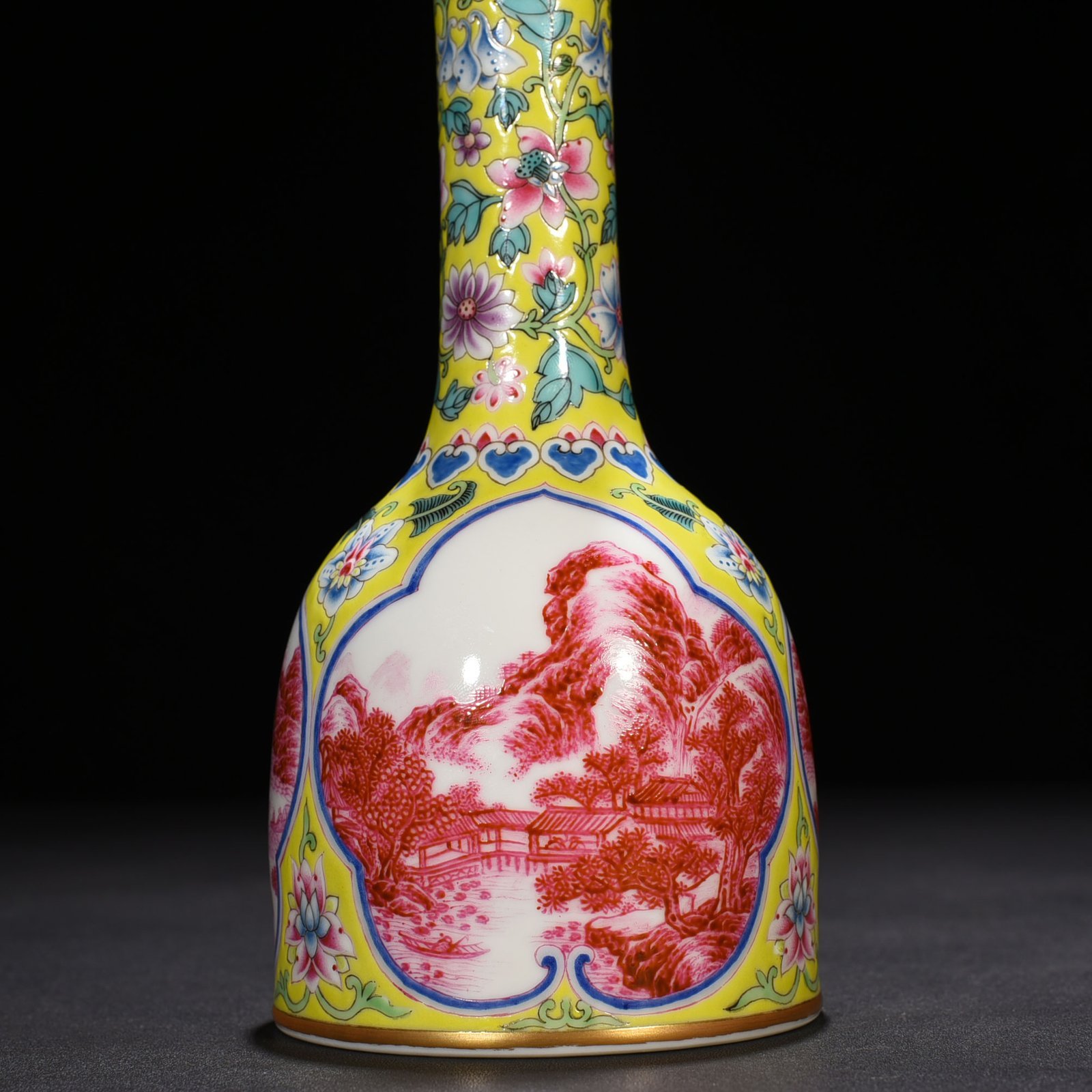 Qing Dynasty Yongzheng yellow ground enamel window rouge red landscape vase