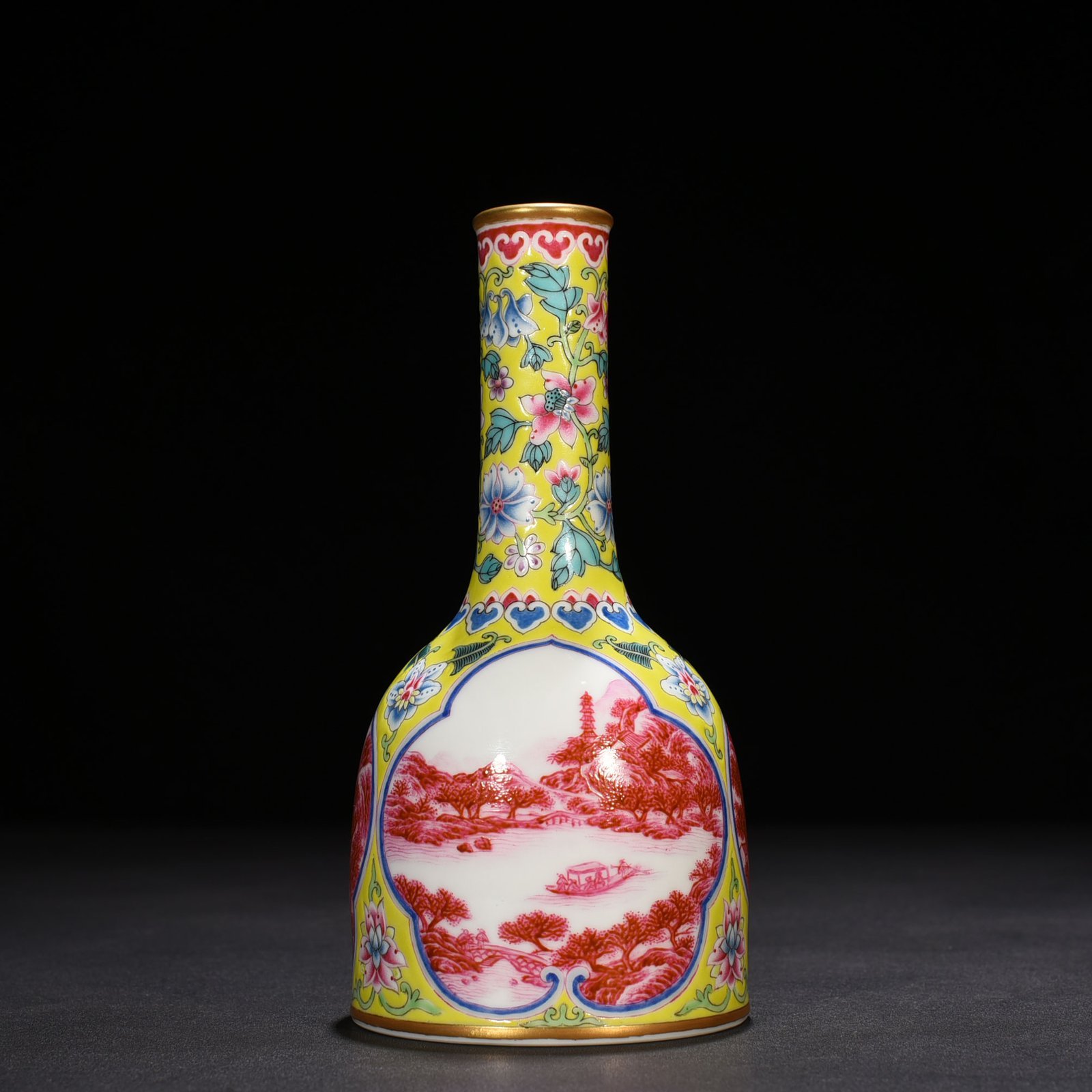 Qing Dynasty Yongzheng yellow ground enamel window rouge red landscape vase