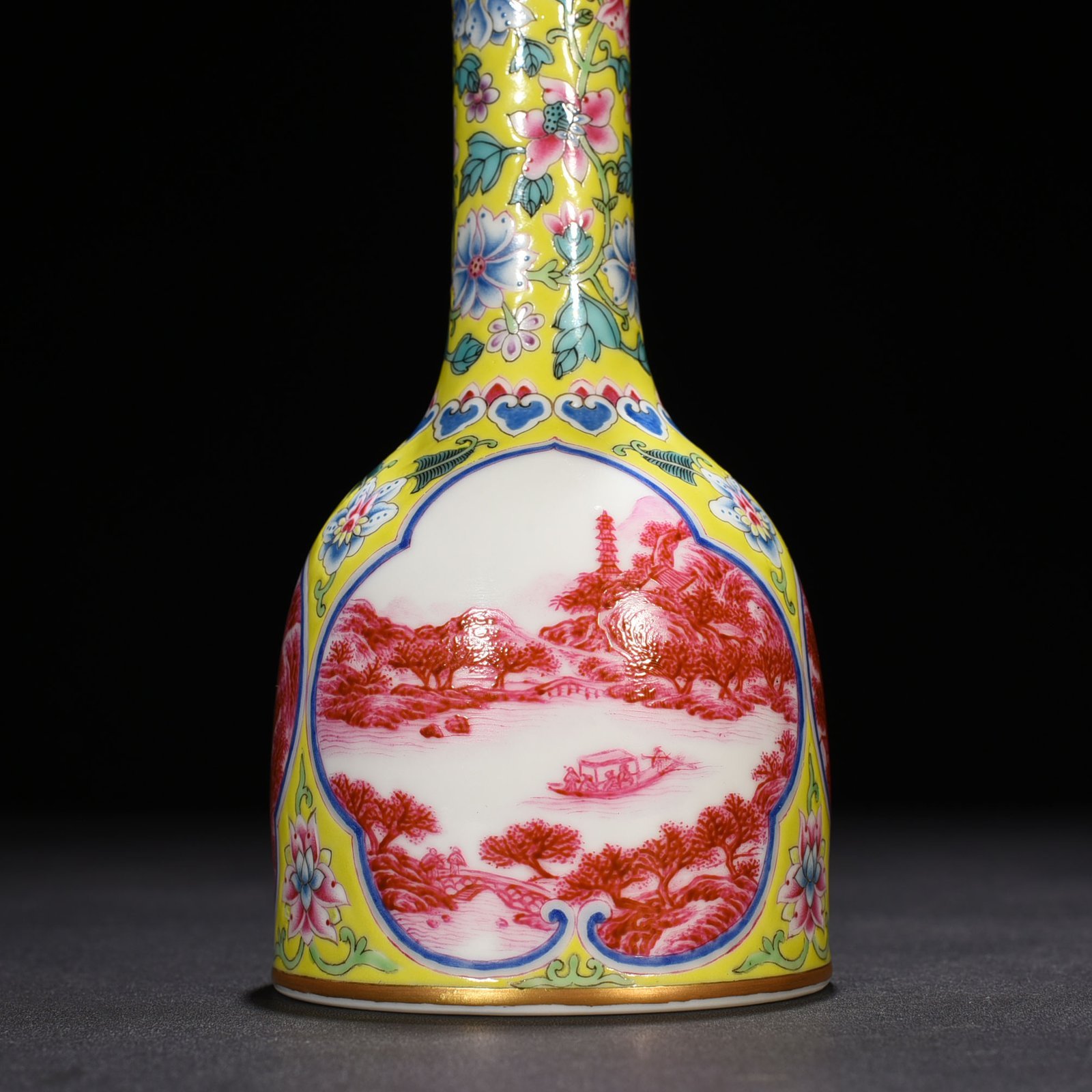 Qing Dynasty Yongzheng yellow ground enamel window rouge red landscape vase