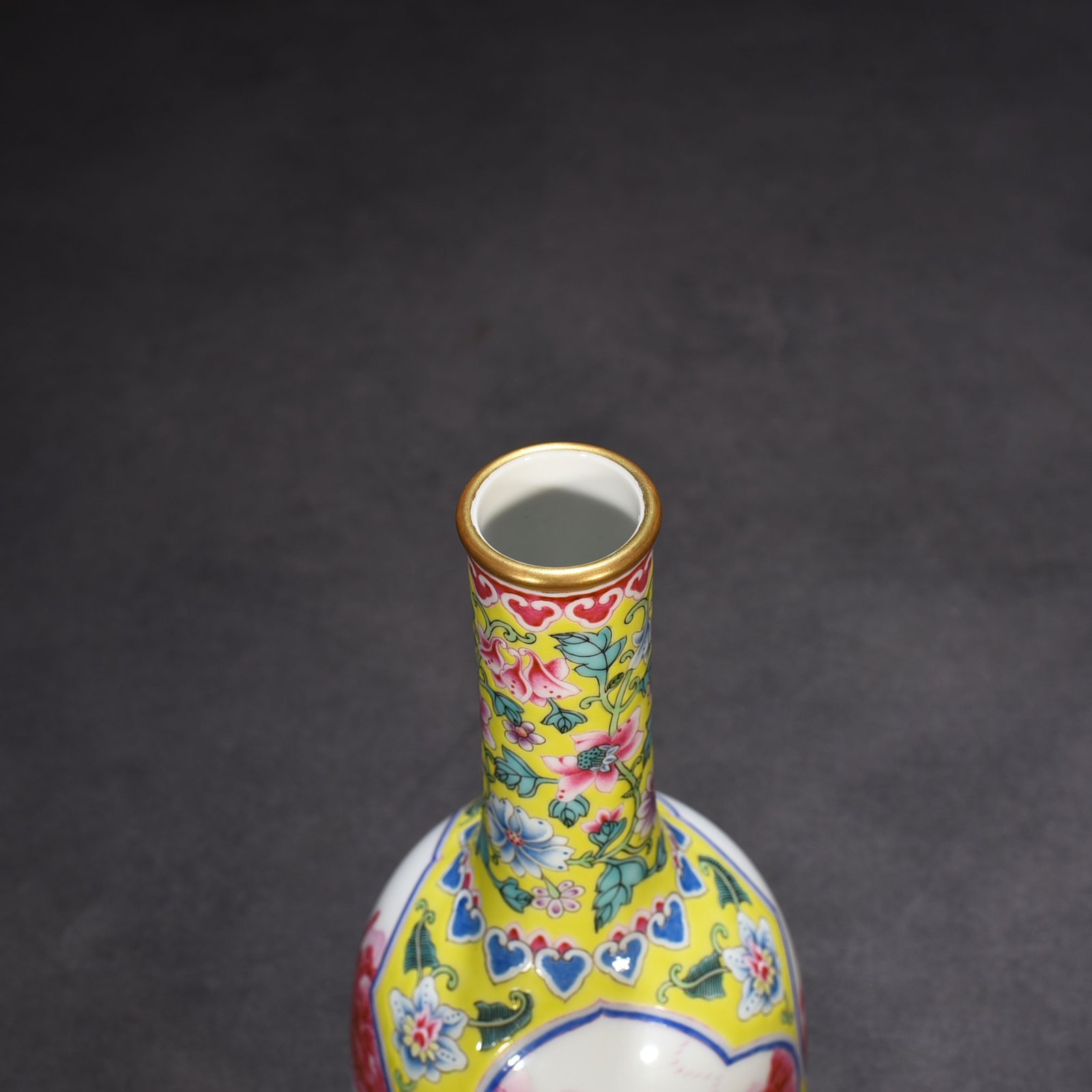 Qing Dynasty Yongzheng yellow ground enamel window rouge red landscape vase