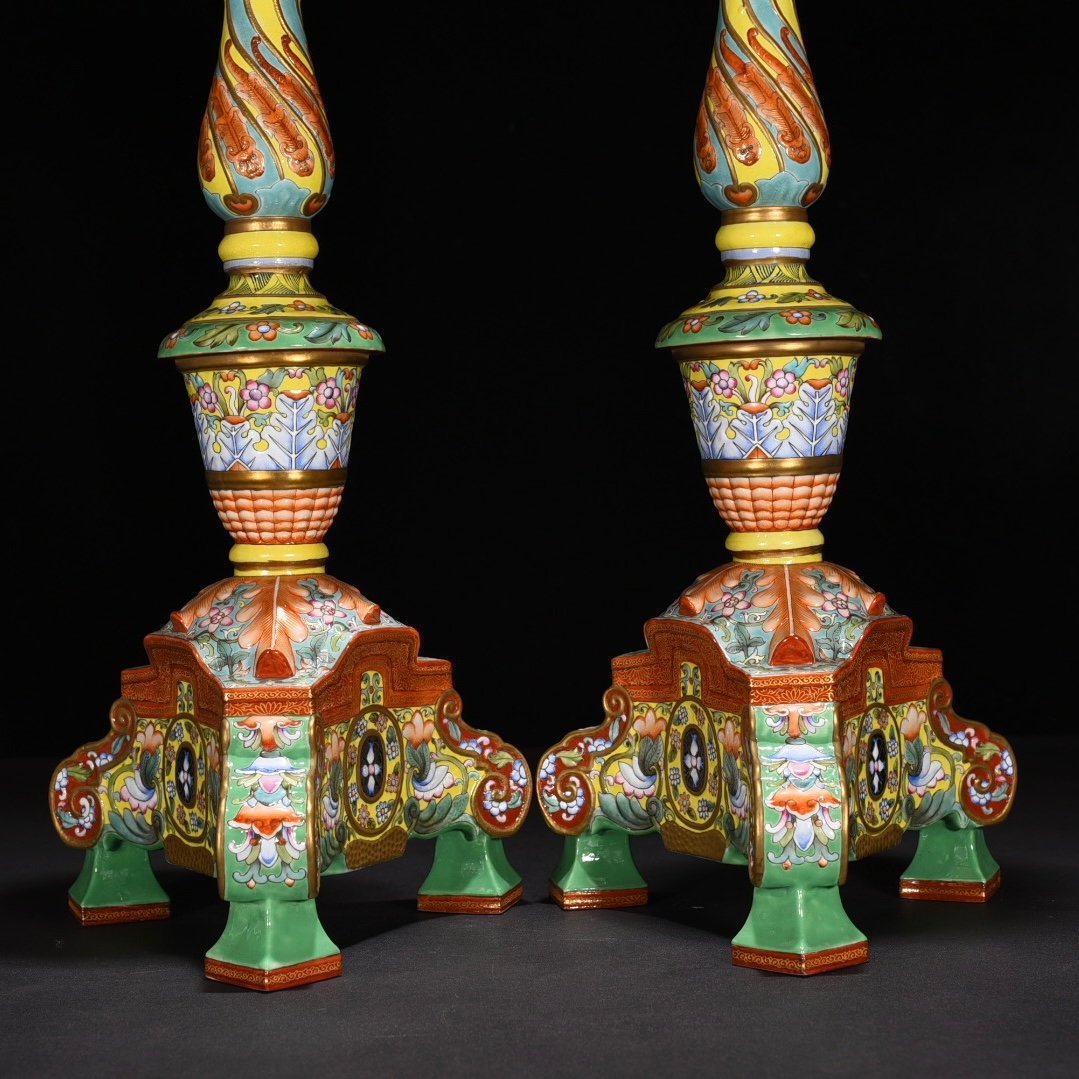 Qing Dynasty Yongzheng yellow ground enamel flower pattern candlestick