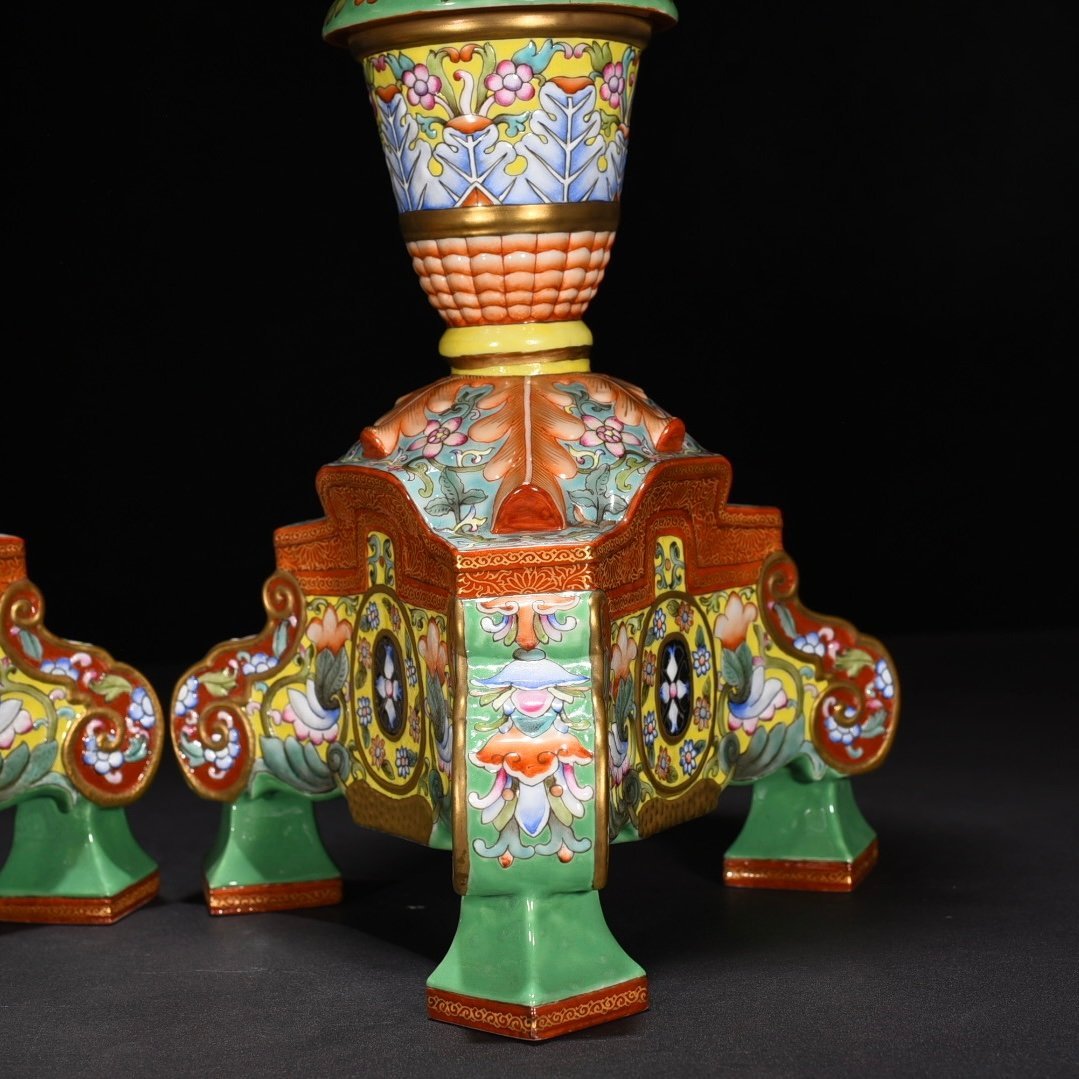 Qing Dynasty Yongzheng yellow ground enamel flower pattern candlestick