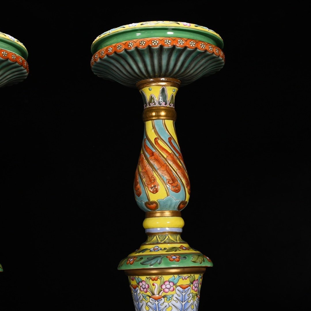 Qing Dynasty Yongzheng yellow ground enamel flower pattern candlestick