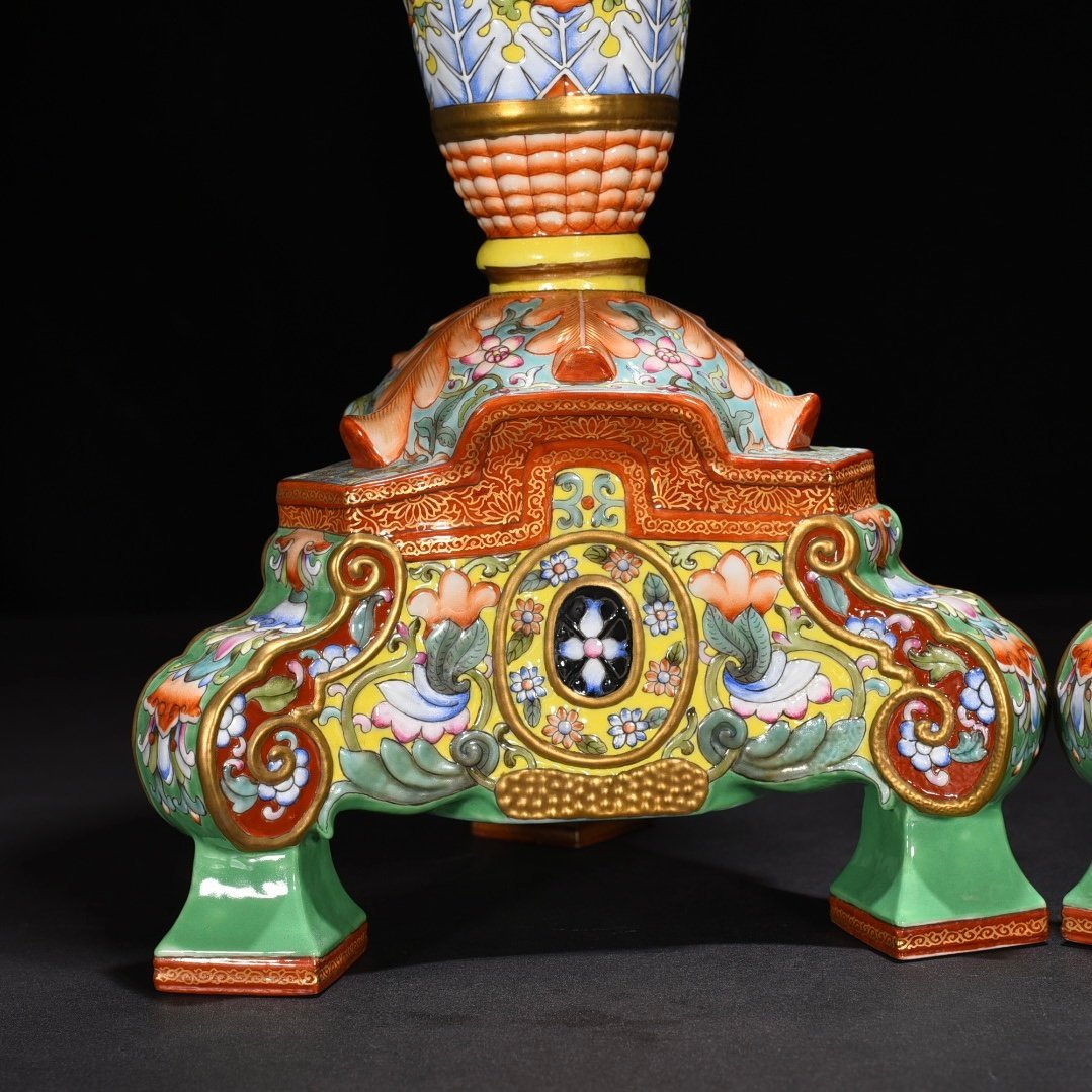 Qing Dynasty Yongzheng yellow ground enamel flower pattern candlestick