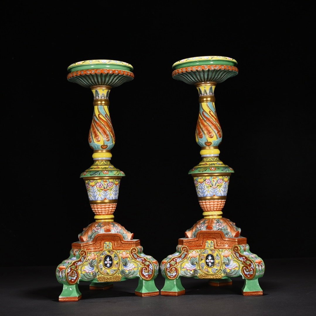 Qing Dynasty Yongzheng yellow ground enamel flower pattern candlestick