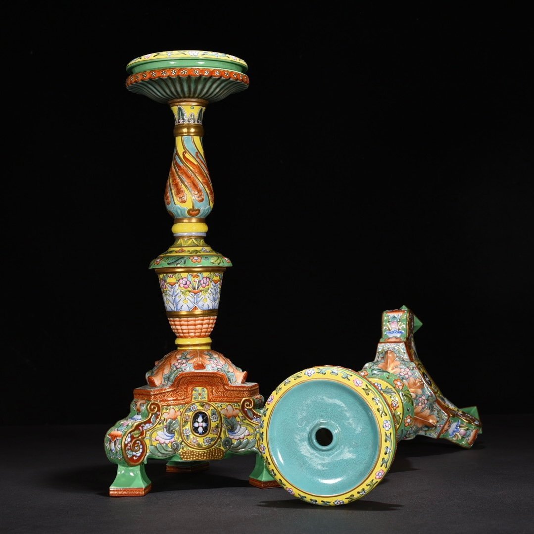 Qing Dynasty Yongzheng yellow ground enamel flower pattern candlestick