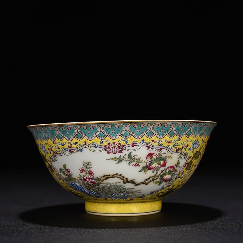 Qing Dynasty Yongzheng yellow ground pastel window flower and bird bowl