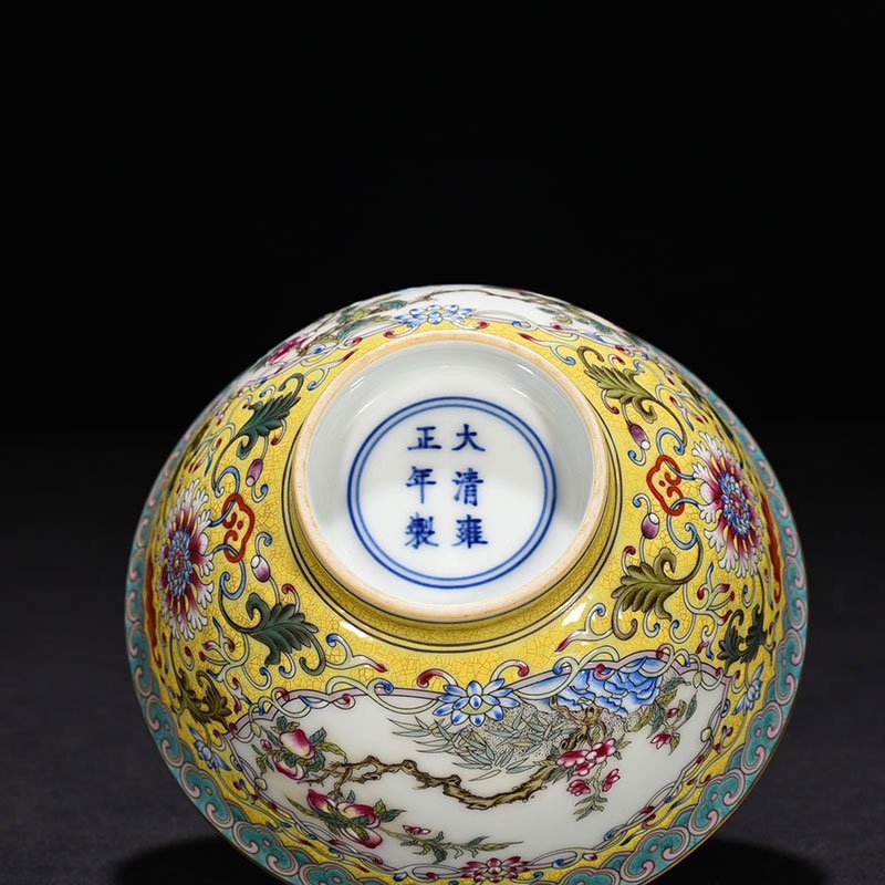 Qing Dynasty Yongzheng yellow ground pastel window flower and bird bowl