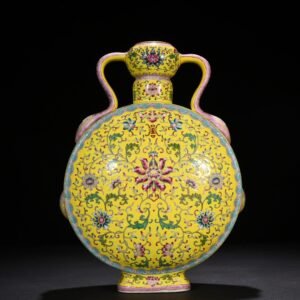 Qing Dynasty Yongzheng yellow ground pastel lucky and longevity flower pattern Ruyi ear flat vase