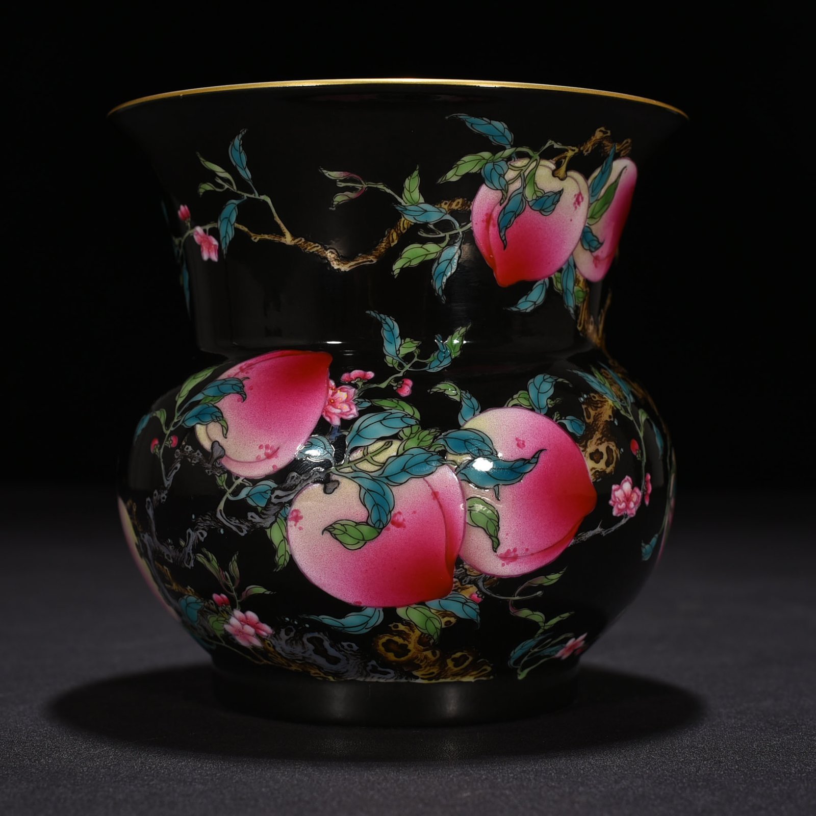 Qing Dynasty Yongzheng black ground pastel five blessings and nine peach patterns slag bucket