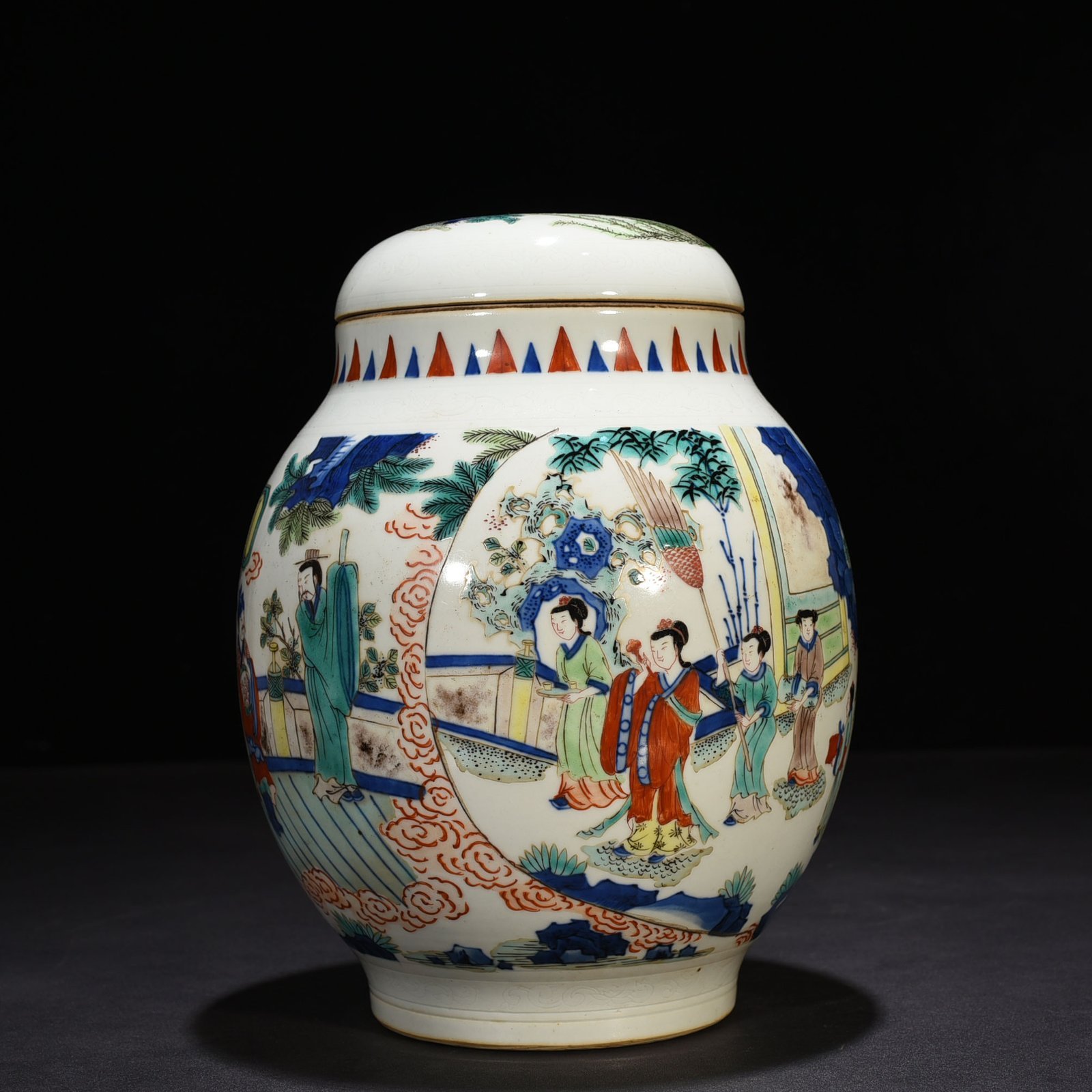 Qing Dynasty Shunzhi blue and white colorful character story pattern lotus seed jar