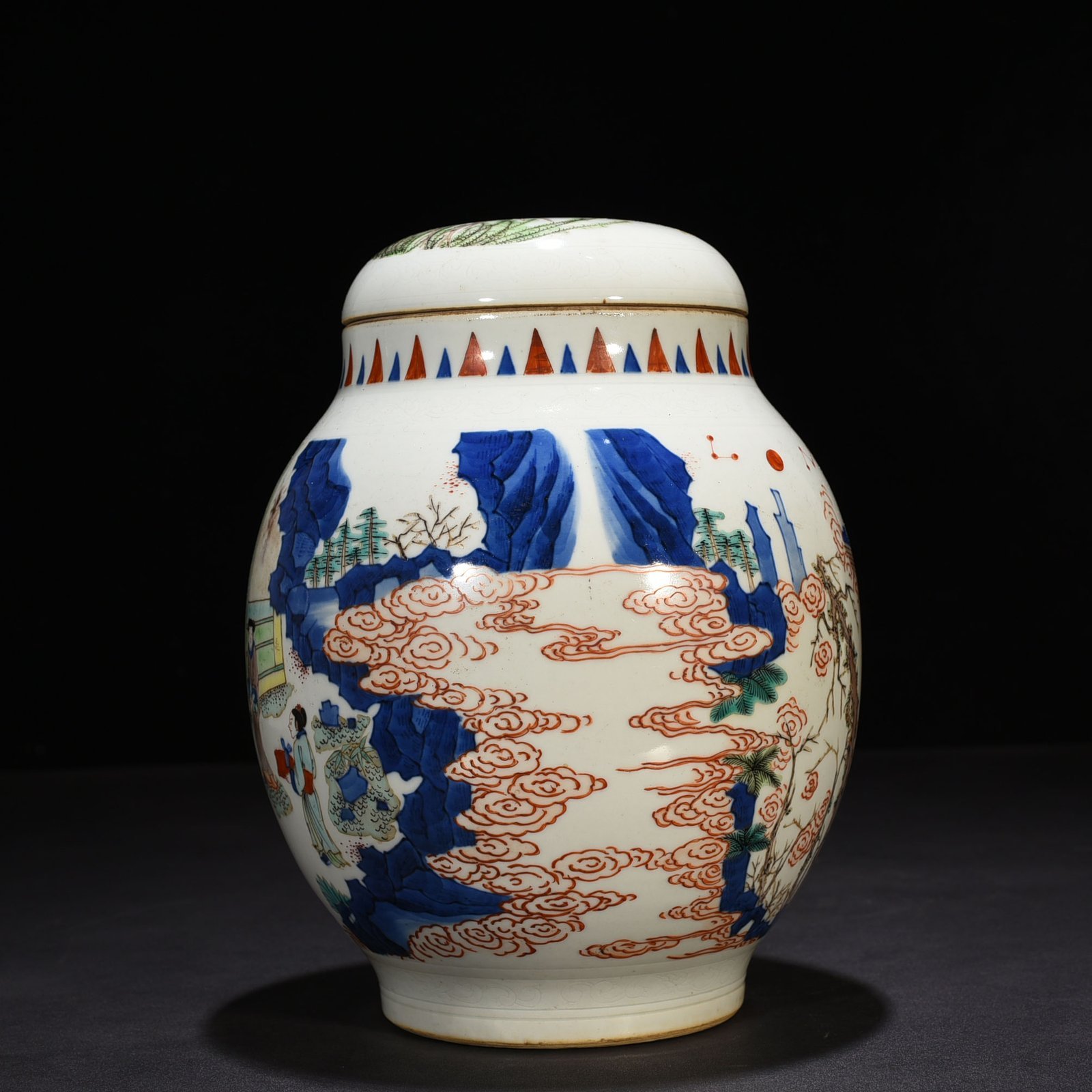 Qing Dynasty Shunzhi blue and white colorful character story pattern lotus seed jar