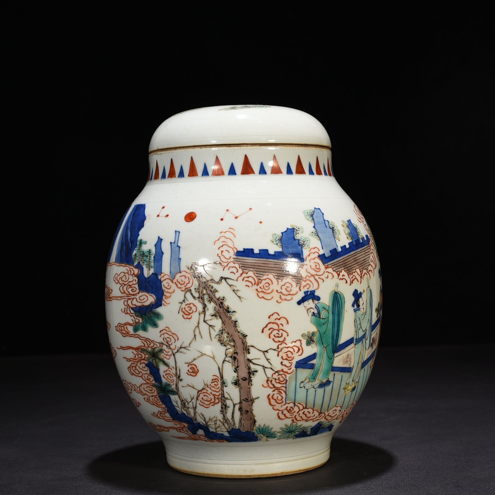 Qing Dynasty Shunzhi blue and white colorful character story pattern lotus seed jar