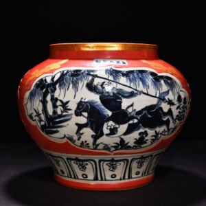 Yuan Dynasty Blue and white gilt jar with figures of generals and figures