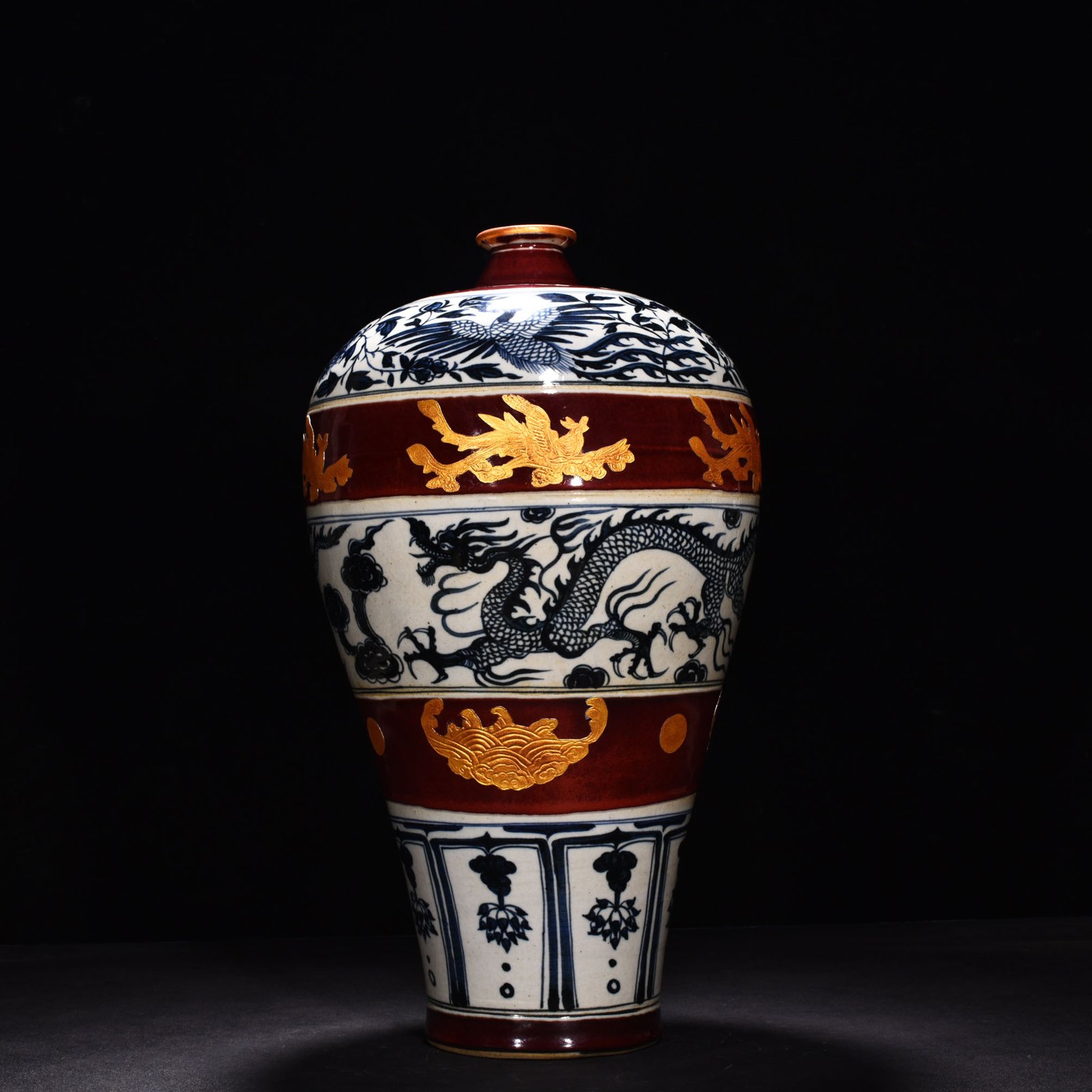 Yuan Dynasty A blue and white gilt plum vase with dragon and phoenix patterns