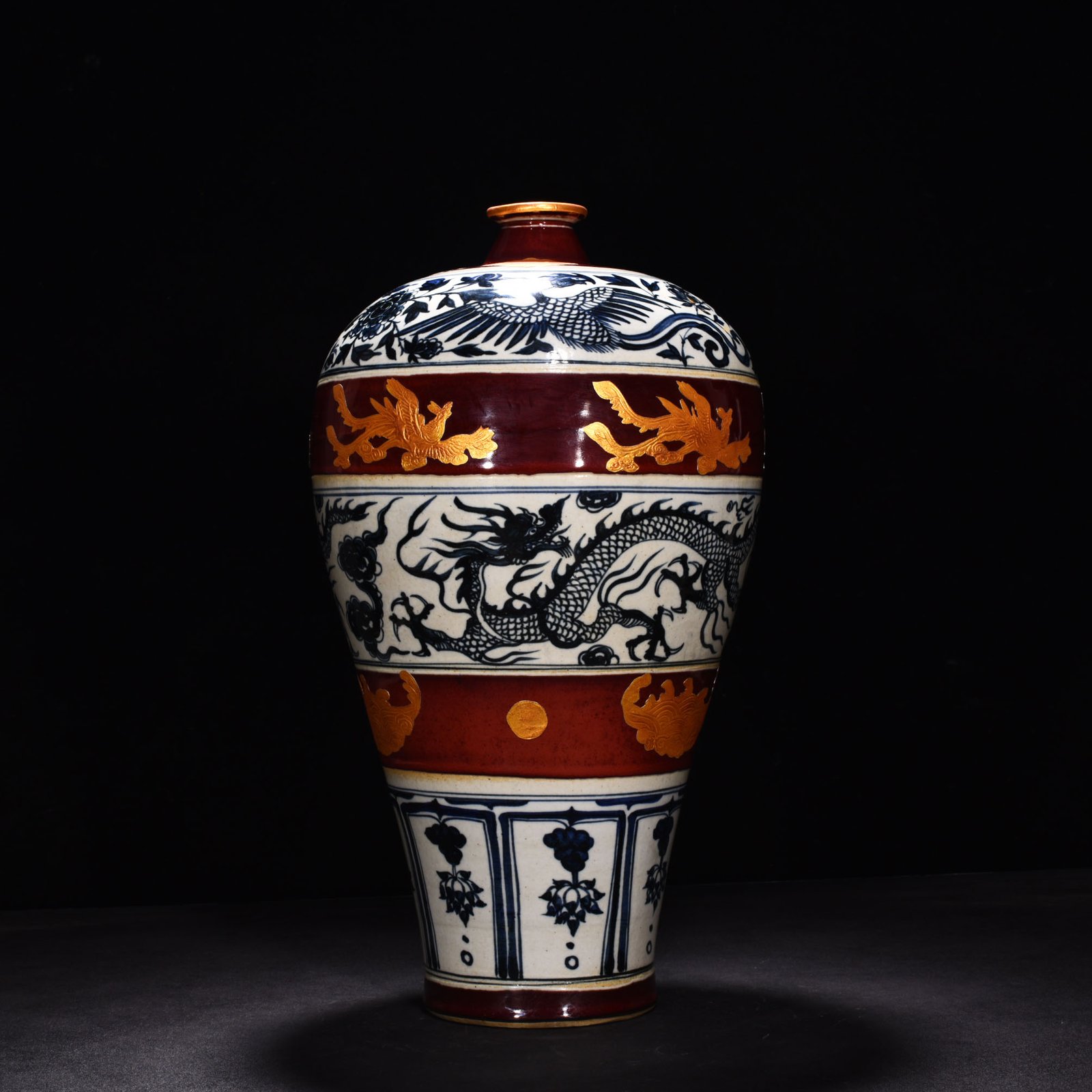 Yuan Dynasty A blue and white gilt plum vase with dragon and phoenix patterns