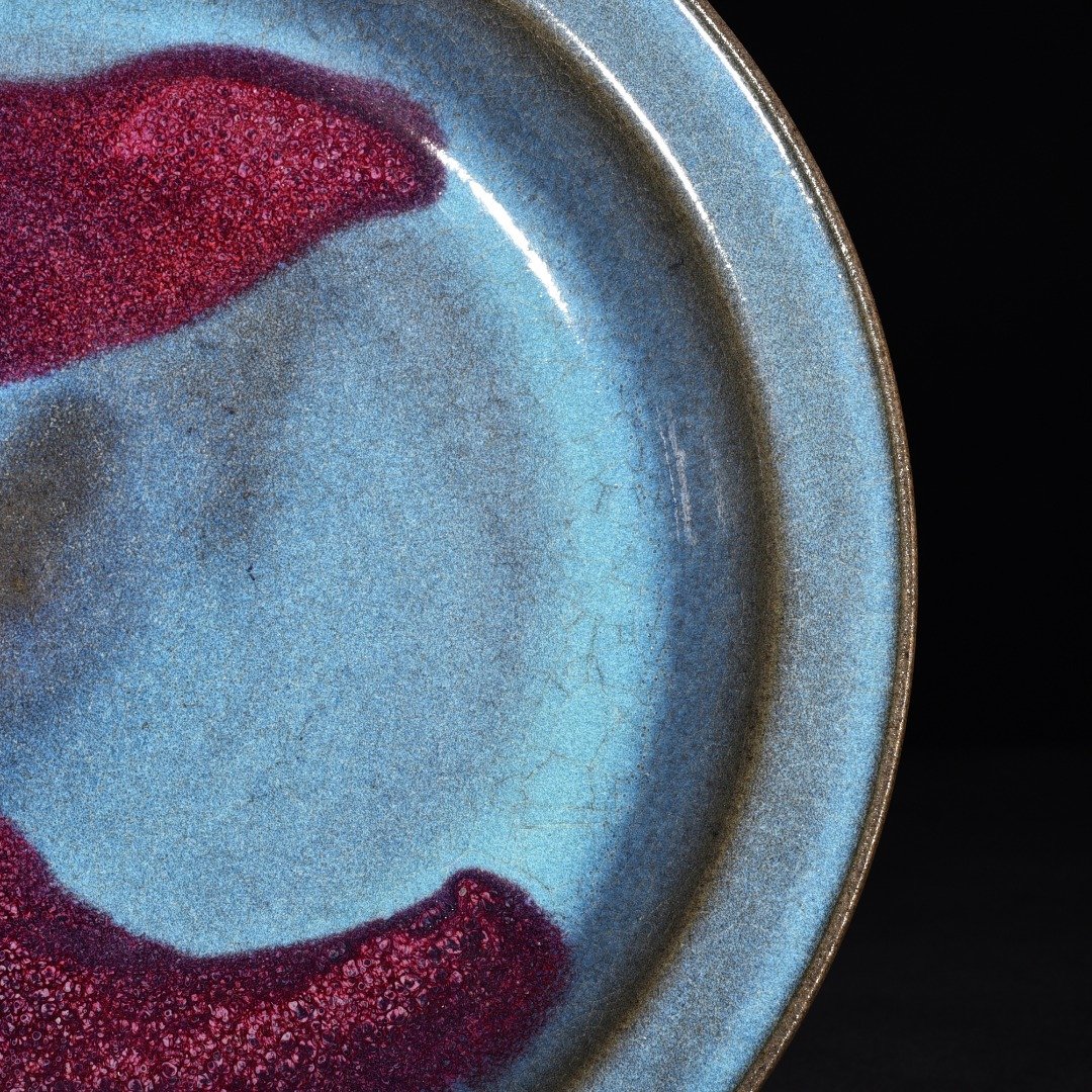 Yuan Dynasty kiln obsidian rose red and blue glaze double fish folding plate