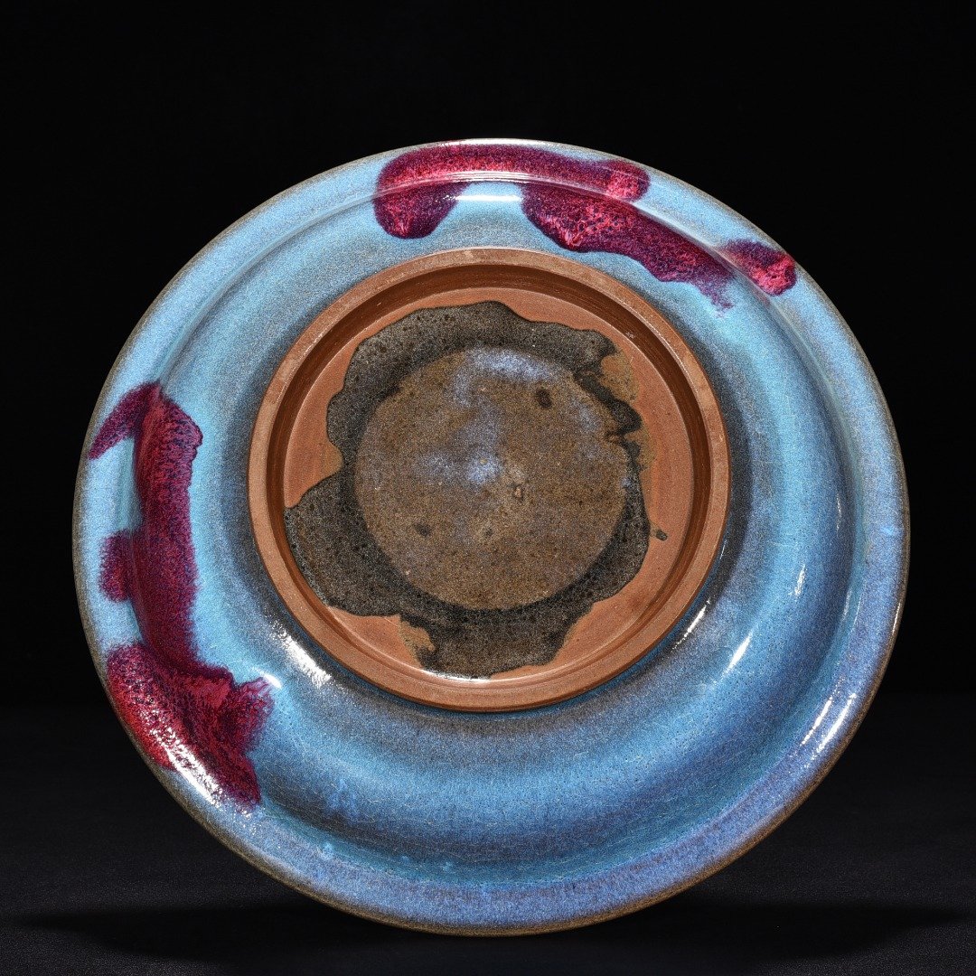 Yuan Dynasty kiln obsidian rose red and blue glaze double fish folding plate