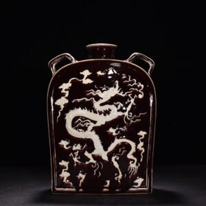 Yuan Dynasty red glaze engraved dragon pattern four series flat bottle