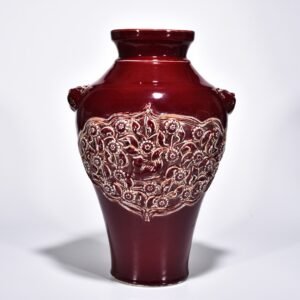 Yuan Dynasty red glaze laminated mandarin duck flower pattern animal ear disc-mouth bottle