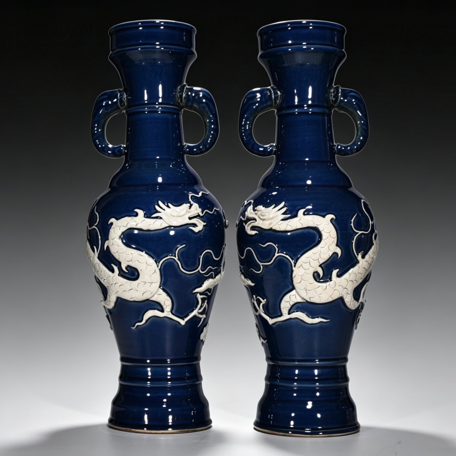 Yuan Dynasty blue embossed cloud and dragon pattern elephant ear vase