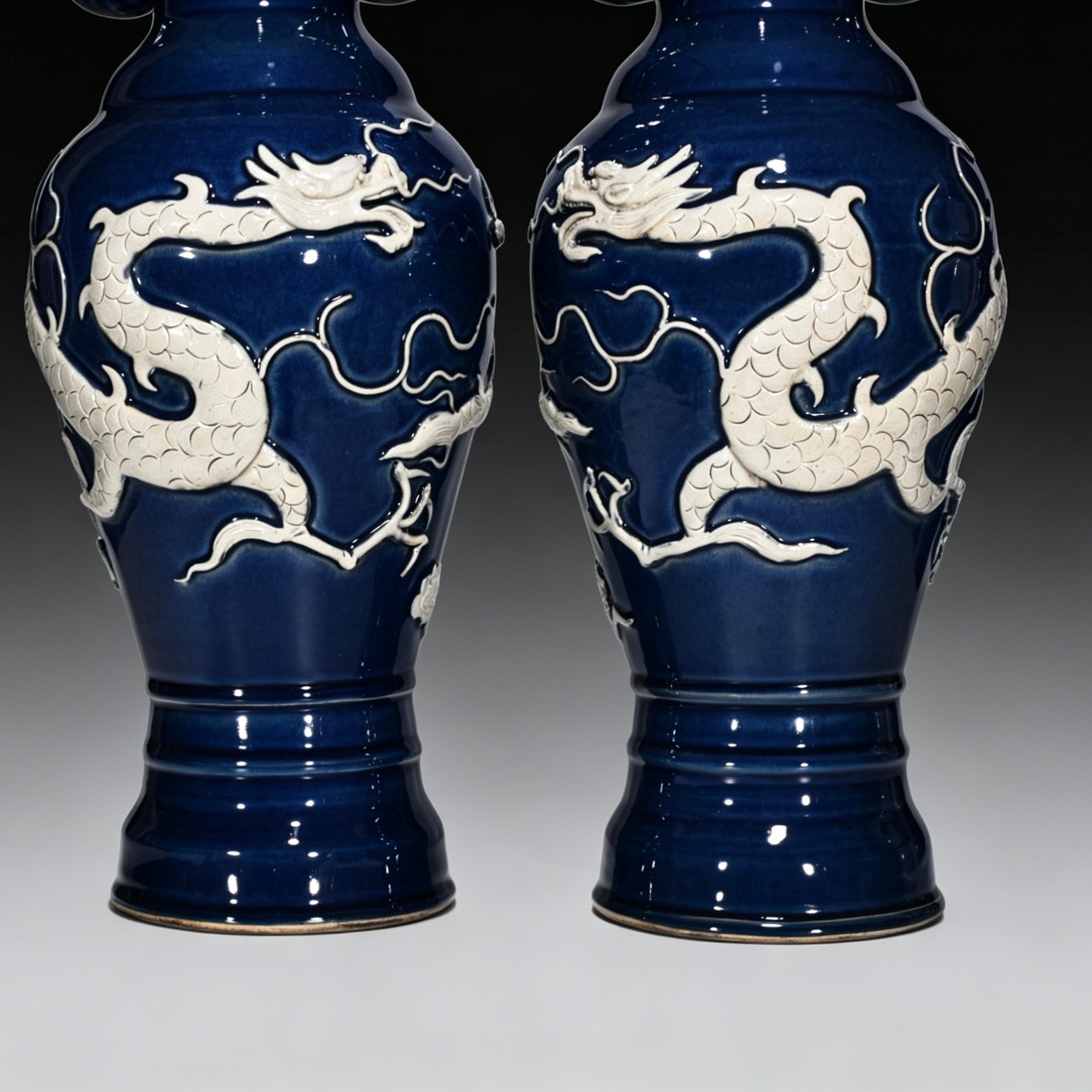 Yuan Dynasty blue embossed cloud and dragon pattern elephant ear vase