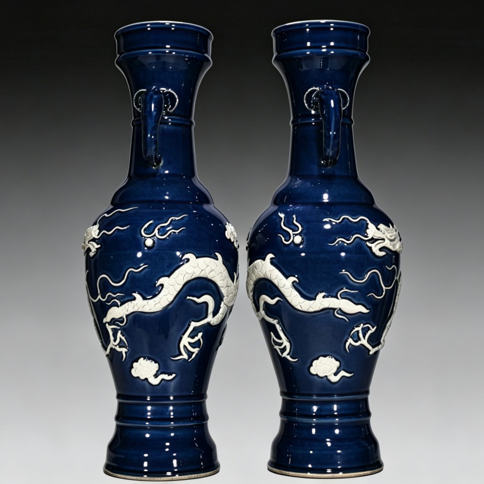 Yuan Dynasty blue embossed cloud and dragon pattern elephant ear vase