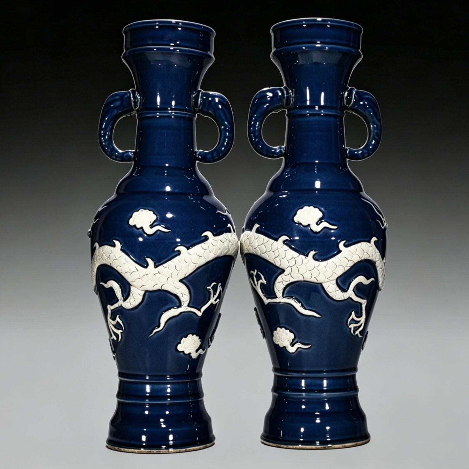 Yuan Dynasty blue embossed cloud and dragon pattern elephant ear vase